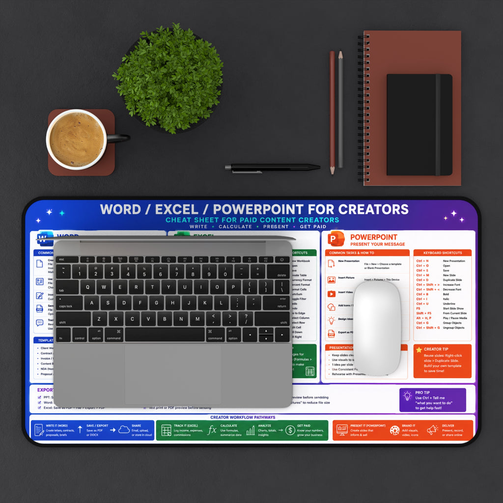 Copy of Microsoft Word Excel PowerPoint Cheat Sheet for Creators Desk Mat | Keyboard Mouse Pad Reference